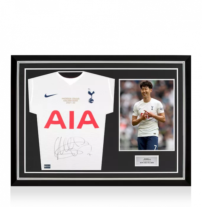 icons Son Heung-min Front Signed Tottenham Hotspur 2021-22 Home Shirt: 2021-22 Premier League Golden Boot Edition In Hero Frame: Option 1