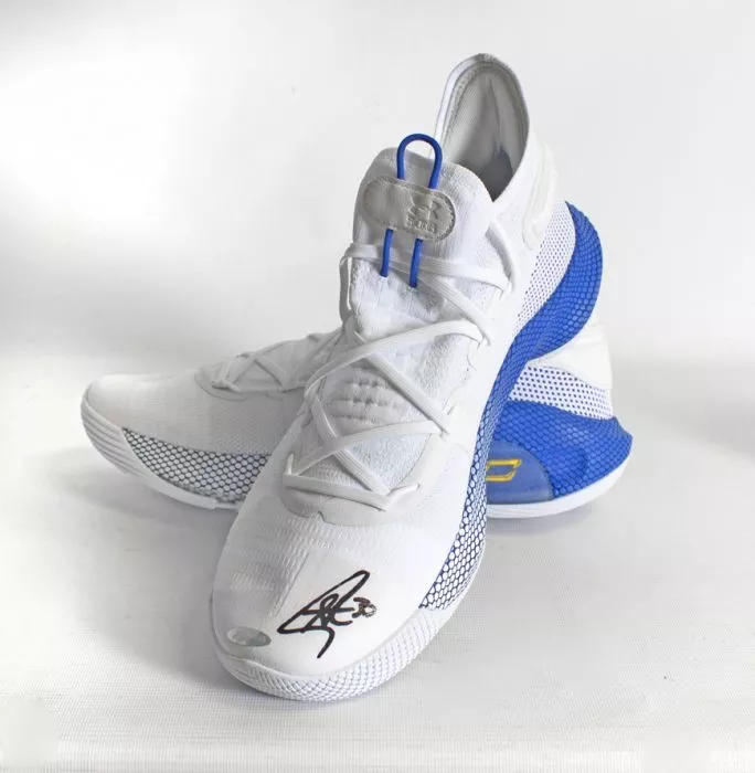Icons Stephen Curry Signed White And Blue Under Armour Curry 6 Basketball Sneakers