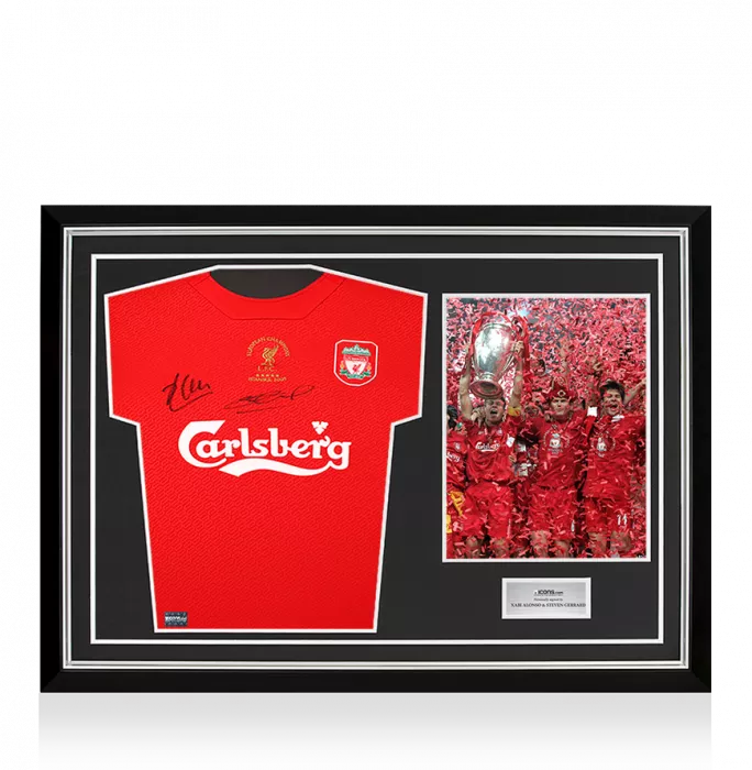 icons Steven Gerrard and Xabi Alonso Dual Signed Liverpool FC 2005 Home Shirt In Hero Frame: Option 1