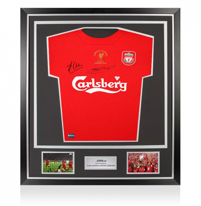 icons Steven Gerrard and Xabi Alonso Dual Signed Liverpool FC 2005 Home Shirt In Classic Frame
