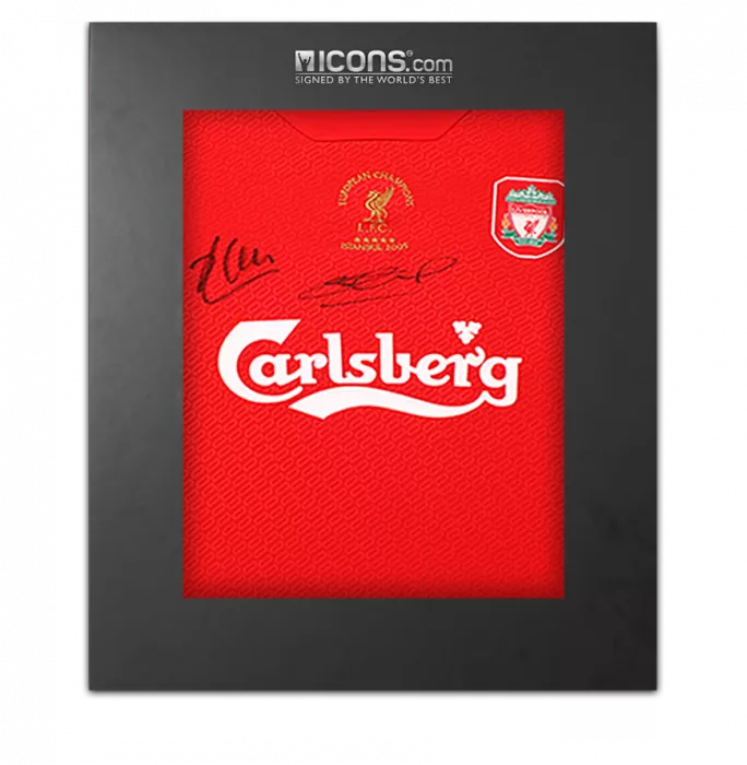 icons Steven Gerrard and Xabi Alonso Dual Signed Liverpool FC 2005 Home Shirt In Deluxe Packaging