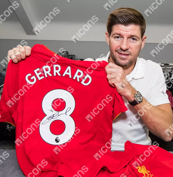 Icons Steven Gerrard Back Signed Modern Liverpool Home Shirt With 2017-18 Premier League Numbers In Classic Frame