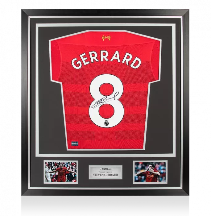 icons Steven Gerrard Back Signed Modern Liverpool Home Shirt With 2017-18 Premier League Numbers In Classic Frame