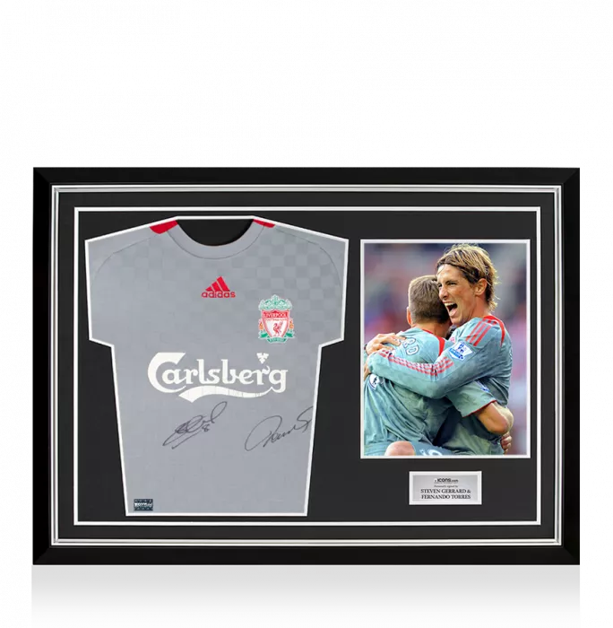 icons Steven Gerrard & Fernando Torres Dual Signed Liverpool FC 2008-09 Away Shirt In Hero Frame: Option 1