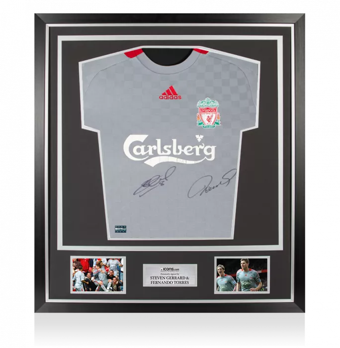 icons Steven Gerrard & Fernando Torres Dual Signed Liverpool FC 2008-09 Away Shirt In Classic Frame