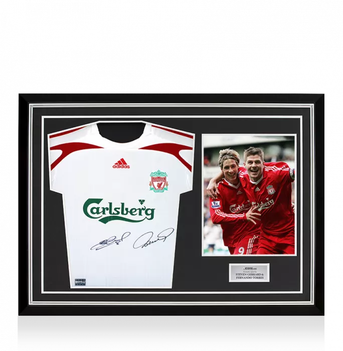 icons Steven Gerrard & Fernando Torres Dual Signed Liverpool FC 2007-08 Away Shirt In Hero Frame: Option 1