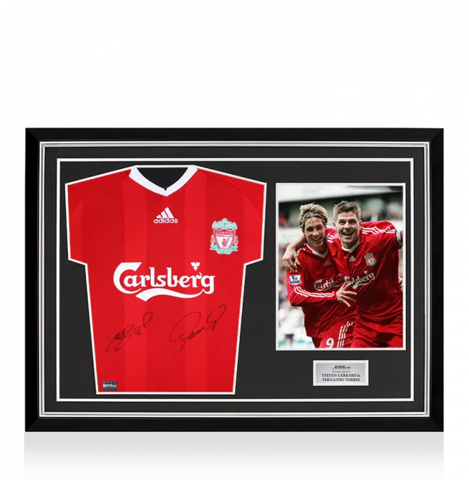 icons Steven Gerrard & Fernando Torres Dual Signed Liverpool FC 2008-10 Home Shirt In Hero Frame: Option 1