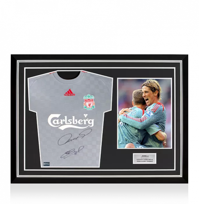 icons Steven Gerrard & Fernando Torres Dual Signed Liverpool FC 2008-09 Away Shirt In Hero Frame: Option 1