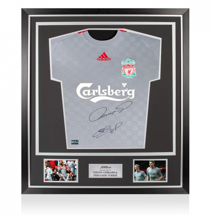 icons Steven Gerrard & Fernando Torres Dual Signed Liverpool FC 2008-09 Away Shirt In Classic Frame