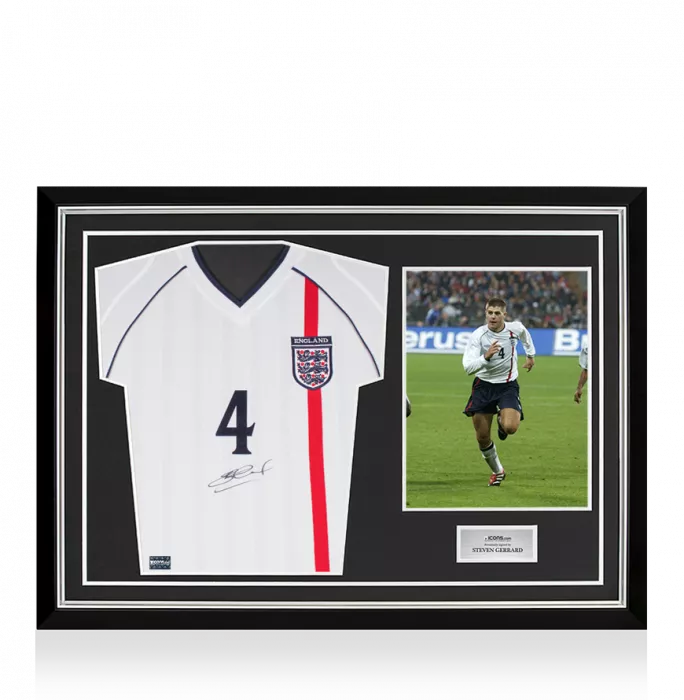 Icons Steven Gerrard Front Signed England 2001-02 Home Shirt In Hero Frame: Option 1