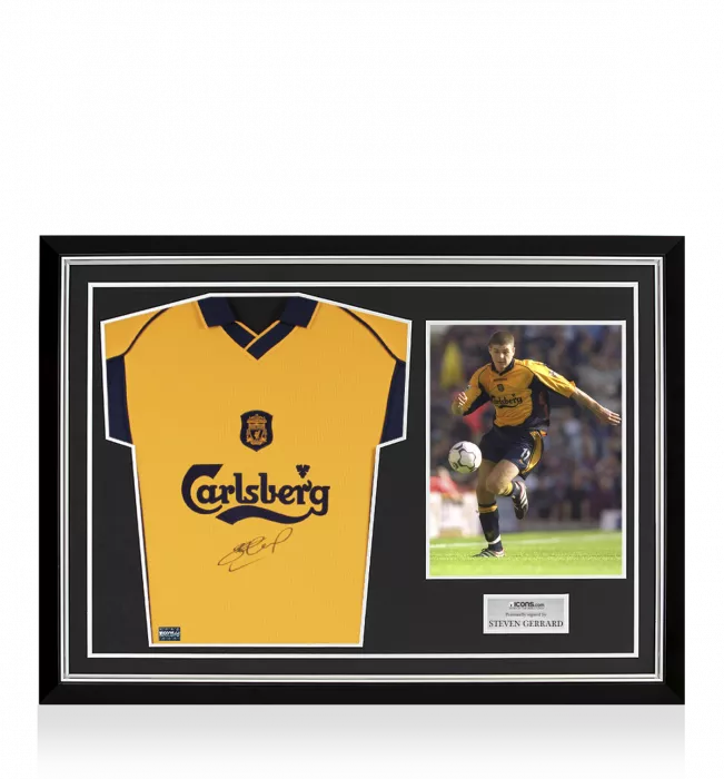 Icons Steven Gerrard Front Signed Liverpool 2000-01 Away Shirt Home Shirt In Hero Frame: Option 1