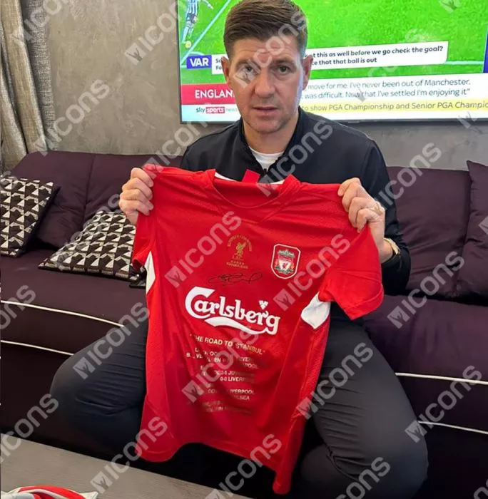 Icons Steven Gerrard Front Signed Liverpool FC 2005 UEFA Champions League Stats Shirt