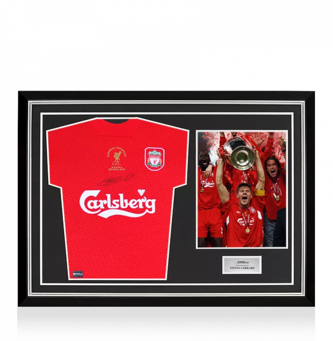 Icons Steven Gerrard Front Signed Liverpool FC Shirt - 2005 UEFA Champions League Winners In Hero Frame: Option 1