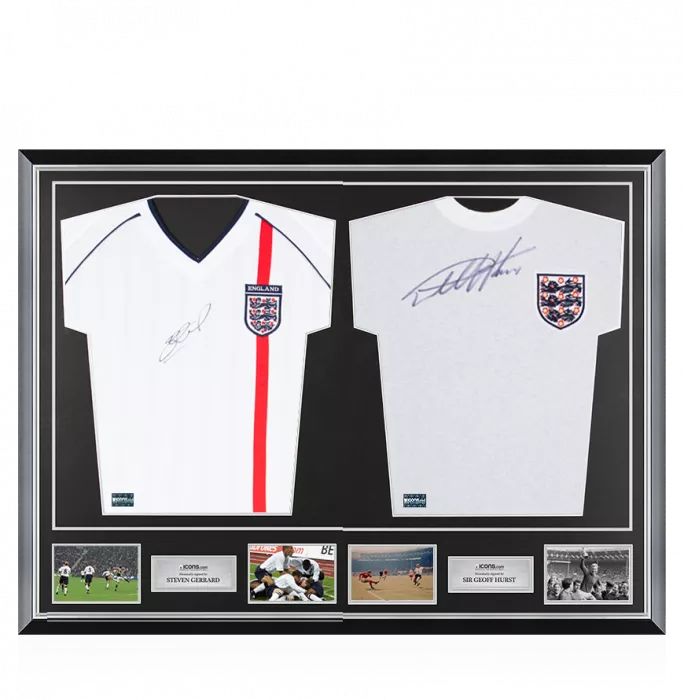 icons Steven Gerrard & Geoff Hurst Signed England Shirts In Classic Dual Frame