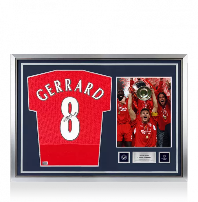 icons Steven Gerrard Official UEFA Champions League Back Signed and Hero Framed Liverpool 2005 Home Shirt: UEFA Champions League Final Edition