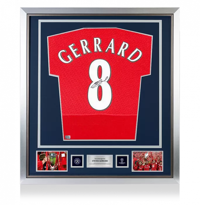 icons Steven Gerrard Official UEFA Champions League Back Signed and Framed Liverpool 2005 Home Shirt: UEFA Champions League Final Edition