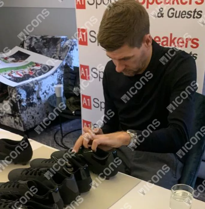 Icons Steven Gerrard Official UEFA Europa League Signed Black Adidas Blackout Boot In Acrylic Case