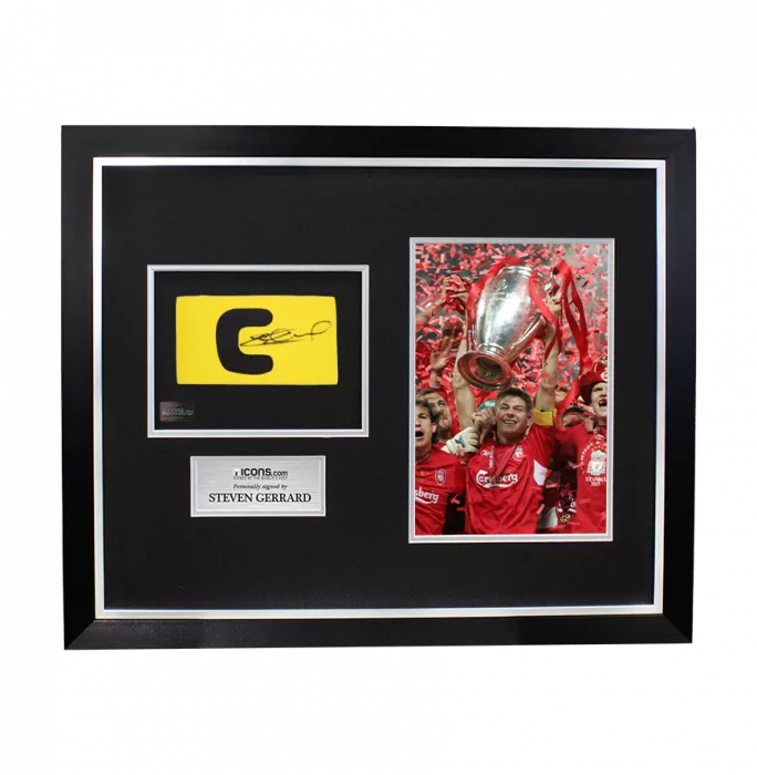 icons Steven Gerrard Signed and Framed Yellow Captain's Armband
