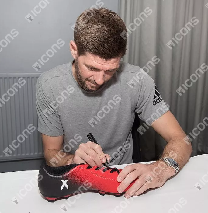 Icons Steven Gerrard Signed Red And Black Adidas 16.4 Boot In Acrylic Case