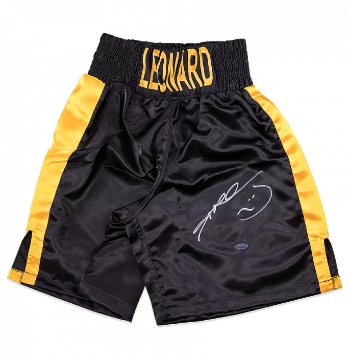 icons Sugar Ray Leonard Signed Black and Gold Boxing Shorts