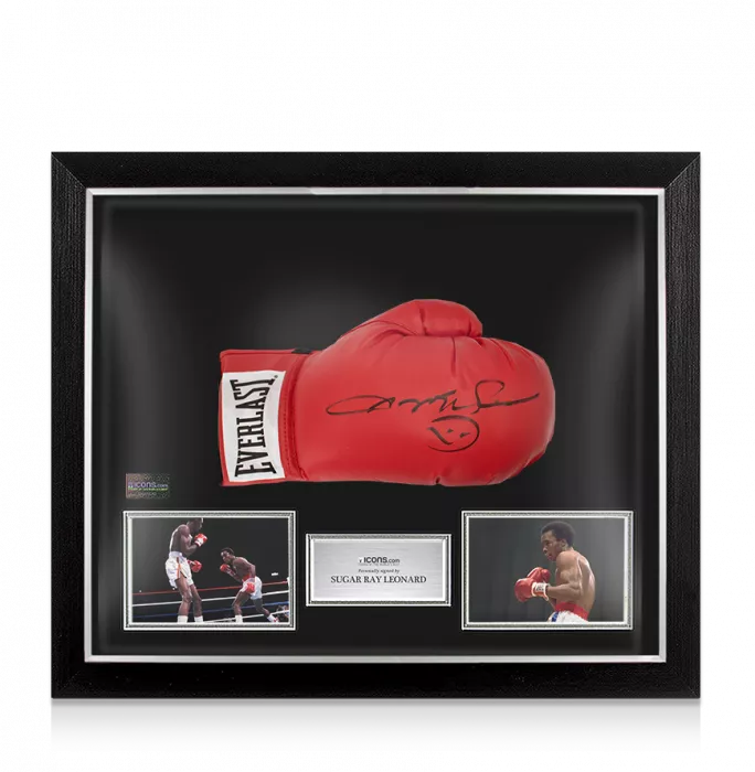 icons Sugar Ray Leonard Signed Red Boxing Glove In Bubble Frame: Option 1