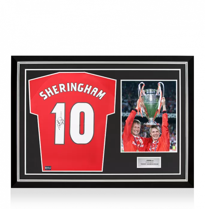 icons Teddy Sheringham Back Signed Manchester United 1999 Home Shirt In Hero Frame: Option 1