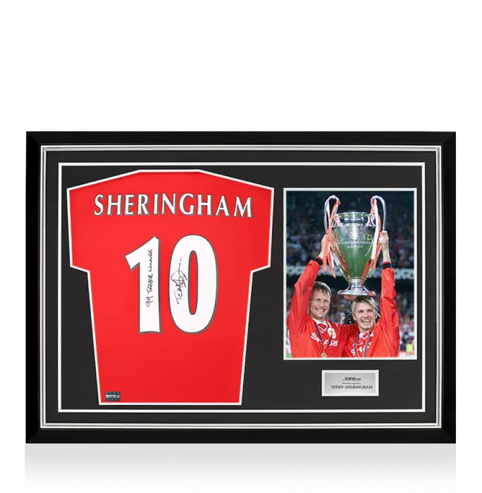 icons Teddy Sheringham Back Signed Manchester United 1999 Home Shirt With Fan Style Numbers - '1998-99 Treble Winner' Inscription In Hero Frame: Option 1