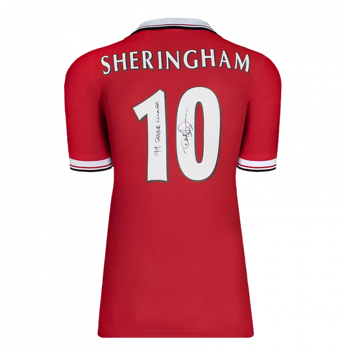 Icons Teddy Sheringham Back Signed Manchester United 1999 Home Shirt With Fan Style Numbers - '1998-99 Treble Winner' Inscription In Classic Frame