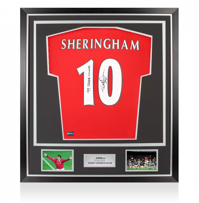 icons Teddy Sheringham Back Signed Manchester United 1999 Home Shirt With Fan Style Numbers - '1998-99 Treble Winner' Inscription In Classic Frame