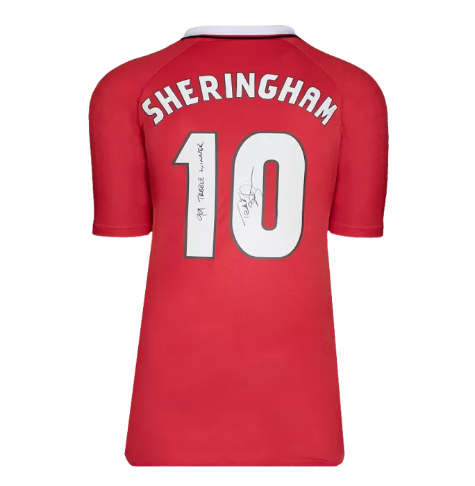 Icons Teddy Sheringham Back Signed Manchester United 1999 Home Shirt In Hero Frame: '1998-99 Treble Winner' Inscription