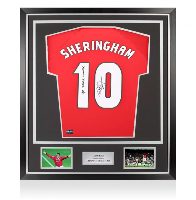 icons Teddy Sheringham Back Signed Manchester United 1999 Home Shirt In Classic Frame: '1998-99 Treble Winner' Inscription