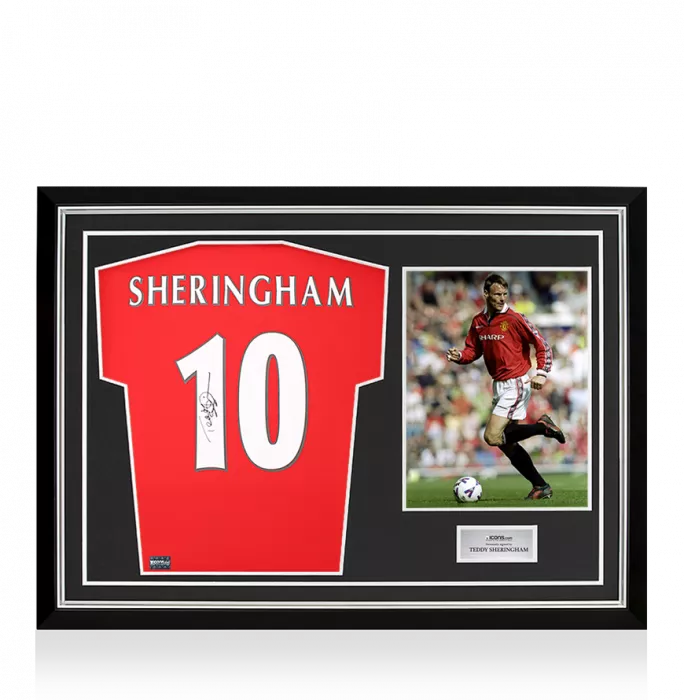 icons Teddy Sheringham Back Signed Manchester United 1999 Home Shirt With Fan Style Numbers In Hero Frame: Option 1