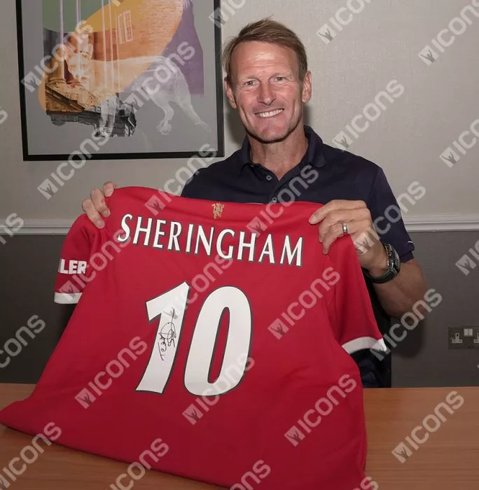 Icons Teddy Sheringham Back Signed Manchester United 2021-22 Home Shirt With Fan Style Numbers In Deluxe Packaging