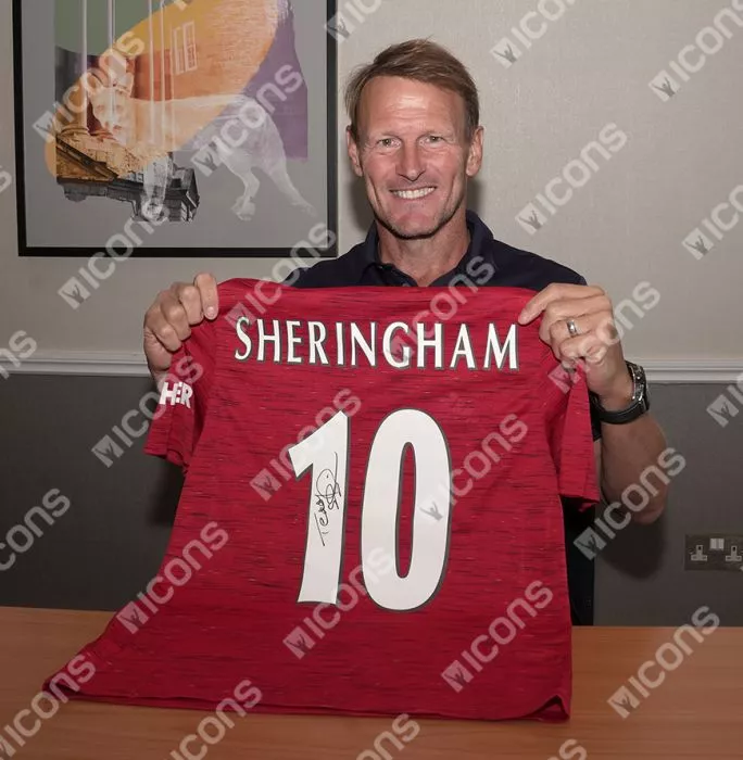 Icons Teddy Sheringham Back Signed Manchester United 2020-21 Home Shirt With Fan Style Numbers In Deluxe Packaging