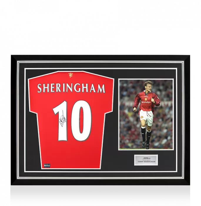 icons Teddy Sheringham Back Signed Manchester United 2021-22 Home Shirt With Fan Style Numbers In Hero Frame: Option 1