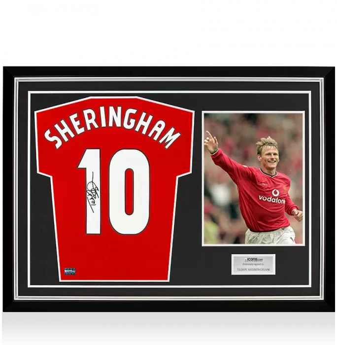icons Teddy Sheringham Back Signed Manchester United Home Shirt In Hero Frame: Option 1