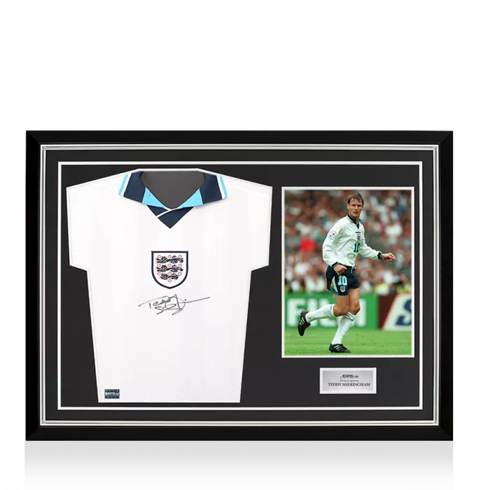 icons Teddy Sheringham Front Signed England 1996 Home Shirt In Hero Frame: Option 1