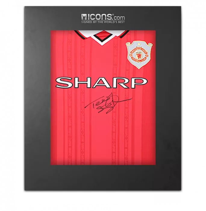 icons Teddy Sheringham Front Signed Manchester United 1999 Home Shirt In Deluxe Packaging