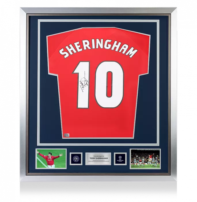 icons Teddy Sheringham Official UEFA Champions League Back Signed and Framed Manchester United 1999 Home Shirt