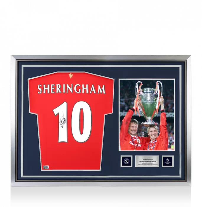 icons Teddy Sheringham Official UEFA Champions League Back Signed and Hero Framed Manchester United 2021-22 Home Shirt With Fan Style Numbers