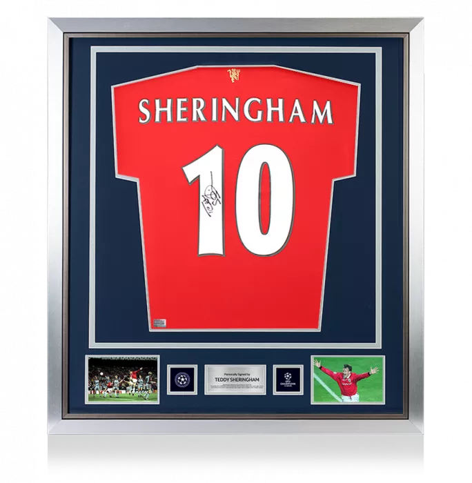 icons Teddy Sheringham Official UEFA Champions League Back Signed and Framed Manchester United 2021-22 Home Shirt With Fan Style Numbers