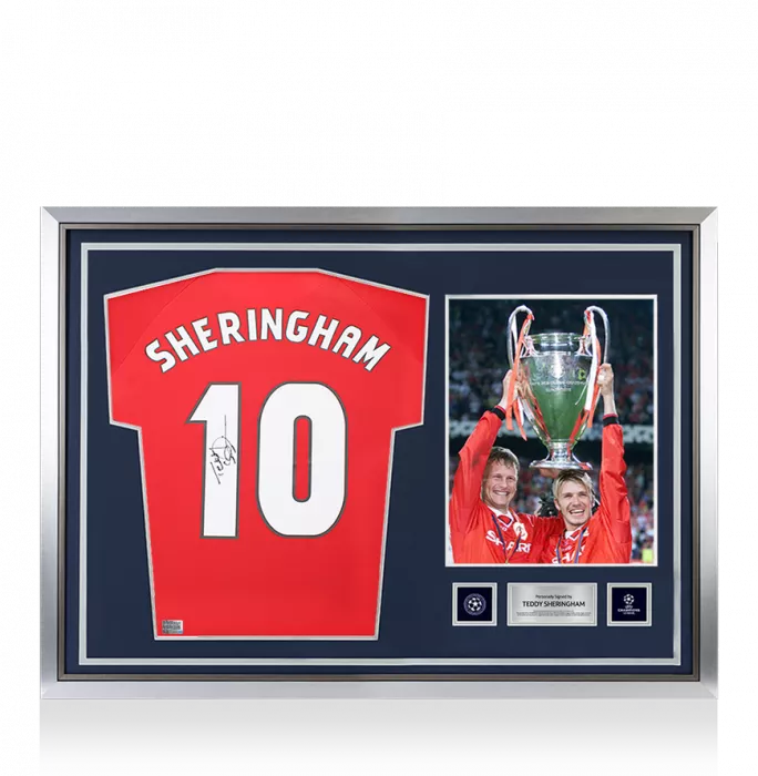 icons Teddy Sheringham Official UEFA Champions League Back Signed and Hero Framed Manchester United 1999 Home Shirt
