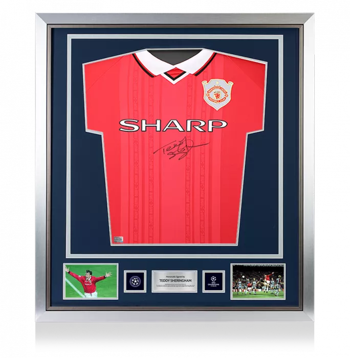 icons Teddy Sheringham Official UEFA Champions League Front Signed and Framed Manchester United 1999 Home Shirt