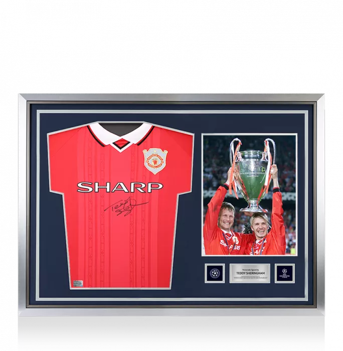 icons Teddy Sheringham Official UEFA Champions League Front Signed and Hero Framed Manchester United 1999 Home Shirt