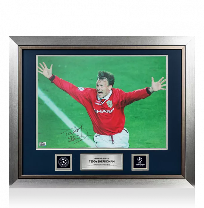 icons Teddy Sheringham Official UEFA Champions League Signed and Framed Manchester United Photo: UEFA Champions League Final Goal