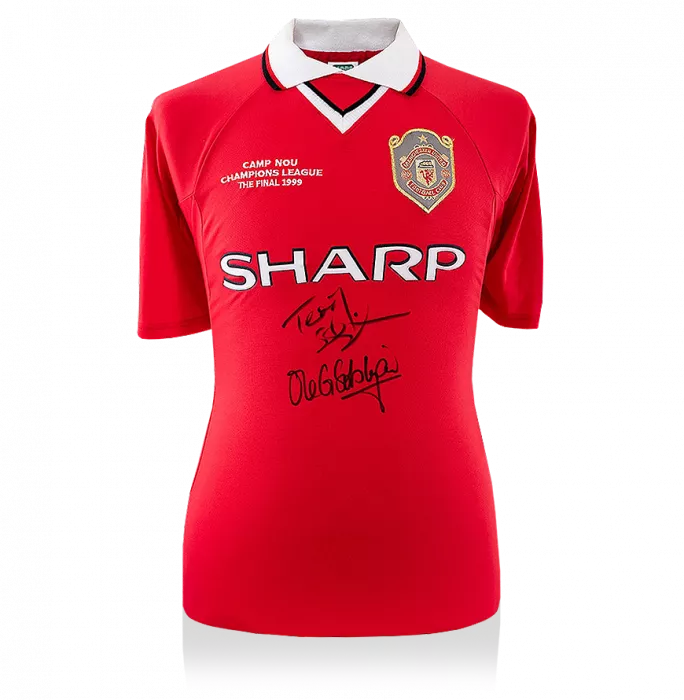 Icons Teddy Sheringham & Ole Gunnar Solskjaer Front Signed Manchester United Home Shirt: 1999 UEFA Champions League Final Edition