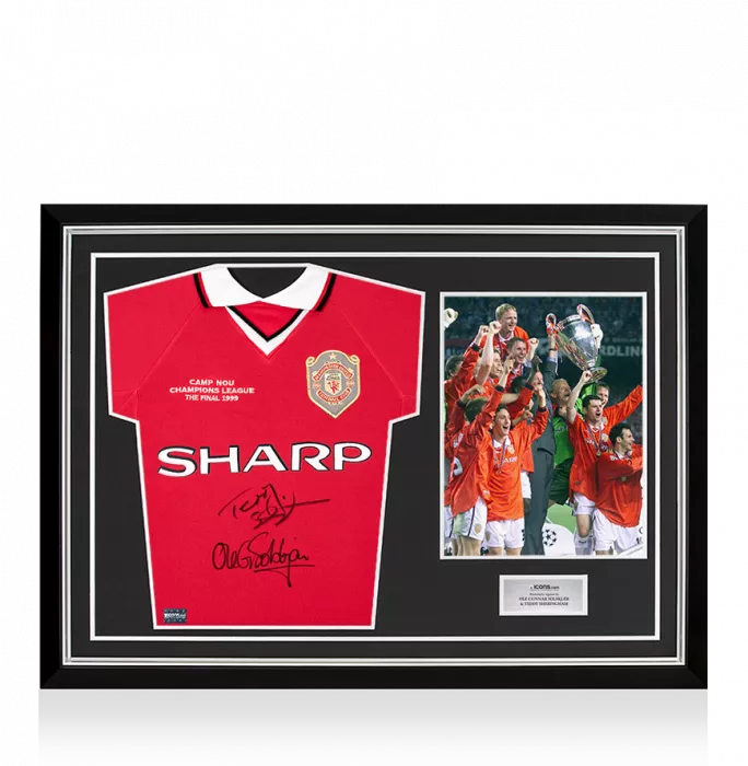 icons Teddy Sheringham & Ole Gunnar Solskjaer Front Signed Manchester United Home Shirt: 1999 UEFA Champions League Final Edition In Hero Frame: Option 1