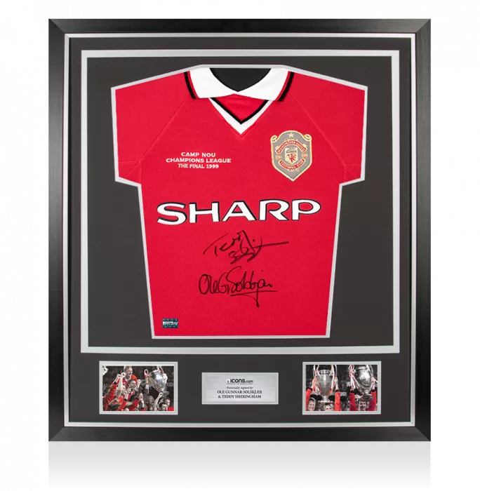 icons Teddy Sheringham & Ole Gunnar Solskjaer Signed Manchester United Home Shirt In Classic Frame: 1999 UEFA Champions League Final Edition