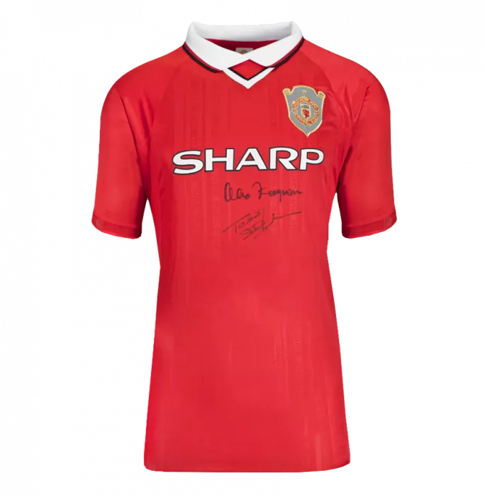 Icons Teddy Sheringham & Sir Alex Ferguson Dual Signed Manchester United 1999 UEFA Champions League Home Shirt In Deluxe Packaging