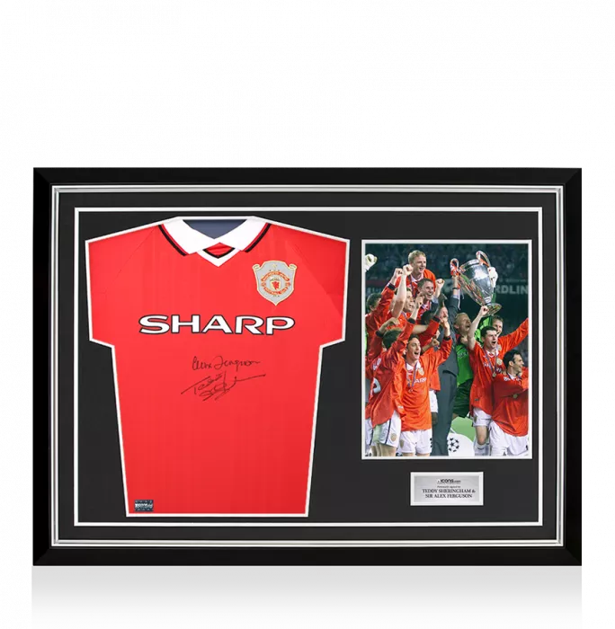 icons Teddy Sheringham & Sir Alex Ferguson Dual Signed Manchester United 1999 UEFA Champions League Home Shirt In Hero Frame: Option 1